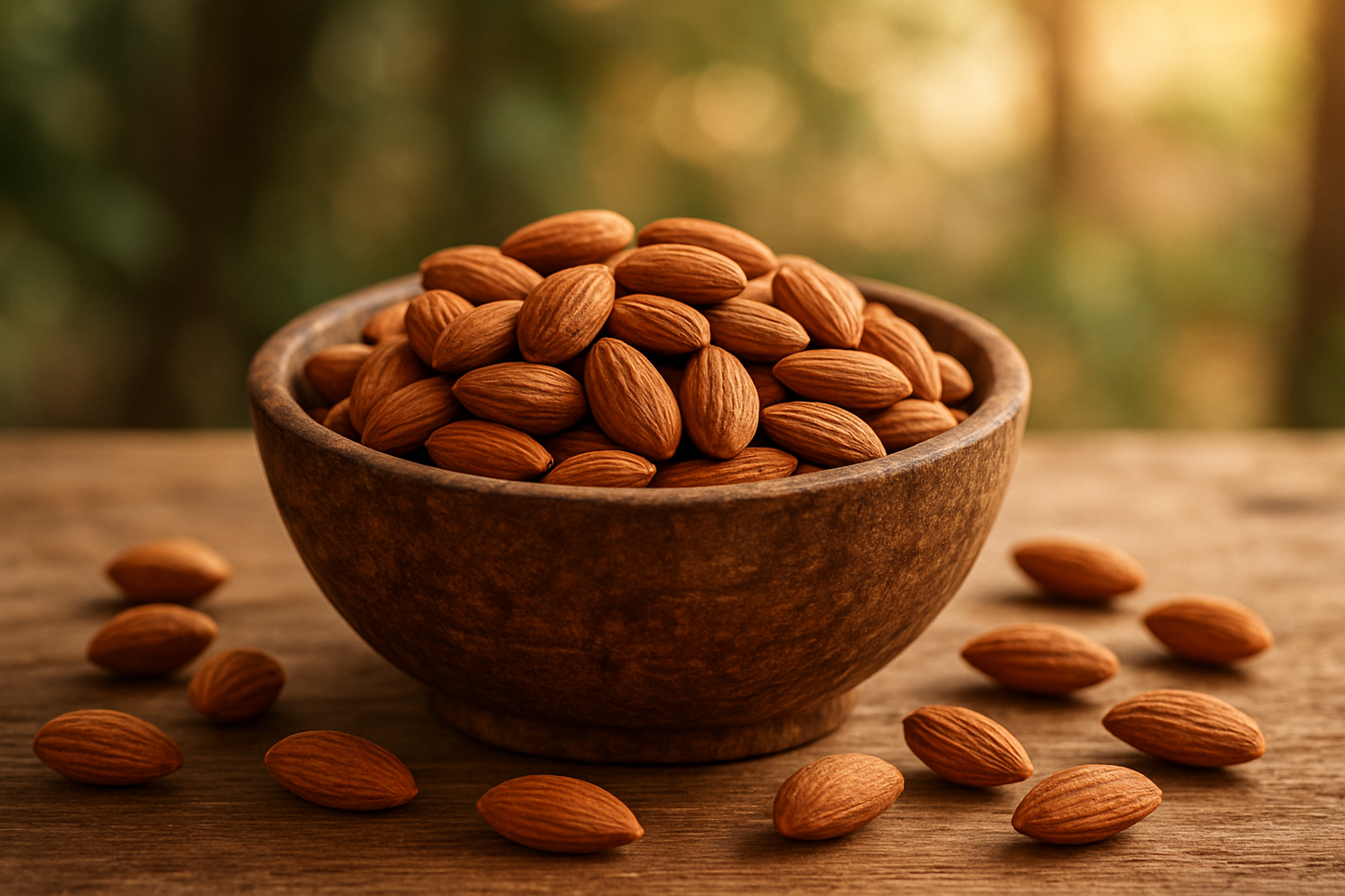 Almonds in a bowl and spread outside the bowl with natural background behind