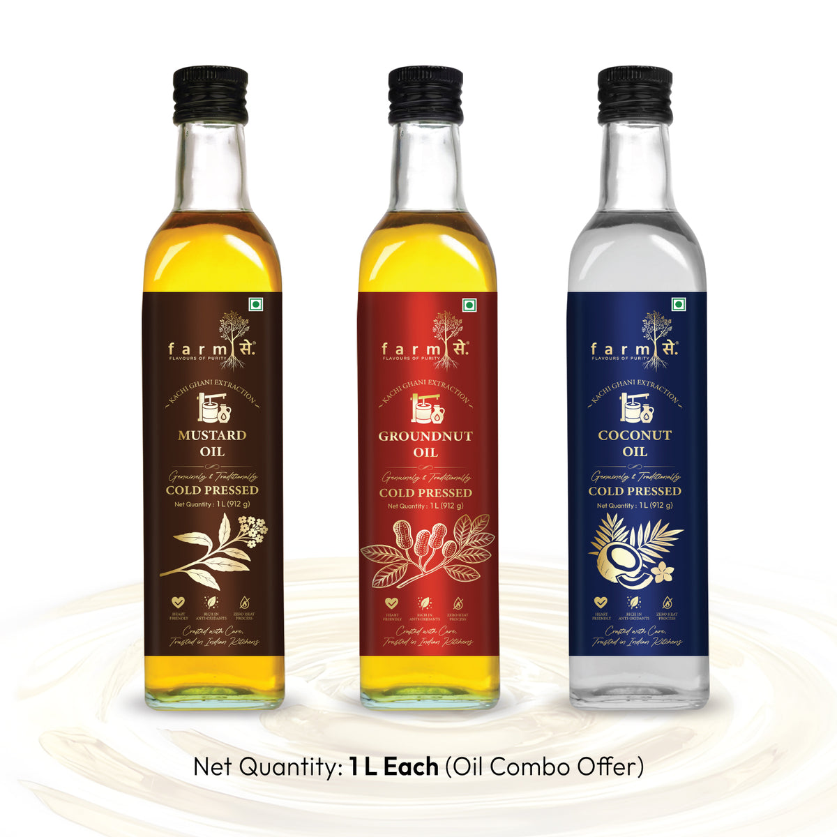 FarmSe Cold Pressed Oils Combo – Mustard, Groundnut & Coconut Oil | 1L Each