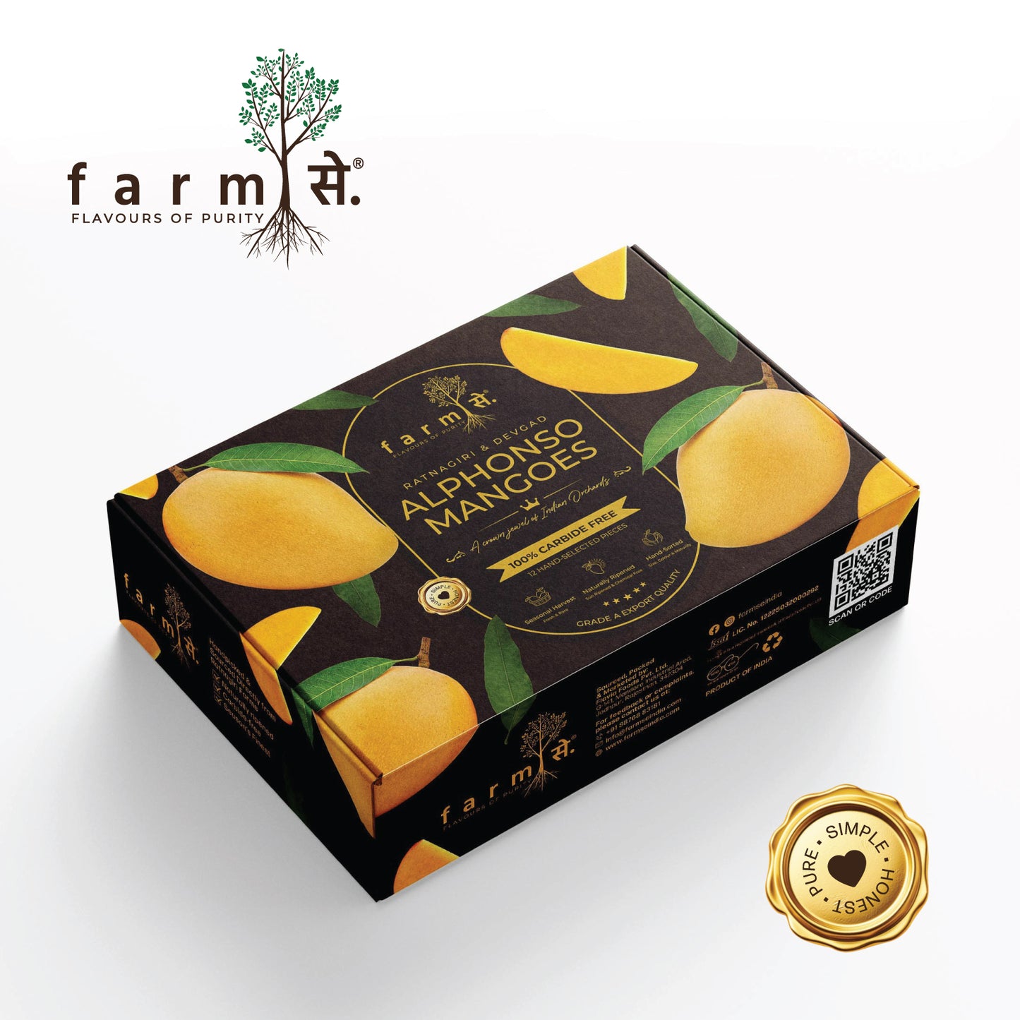 FarmSe Alphonso Mangoes 240g - 270g/Piece - Box of 12 Mangoes (Sourced from Ratnagiri and Devgad)