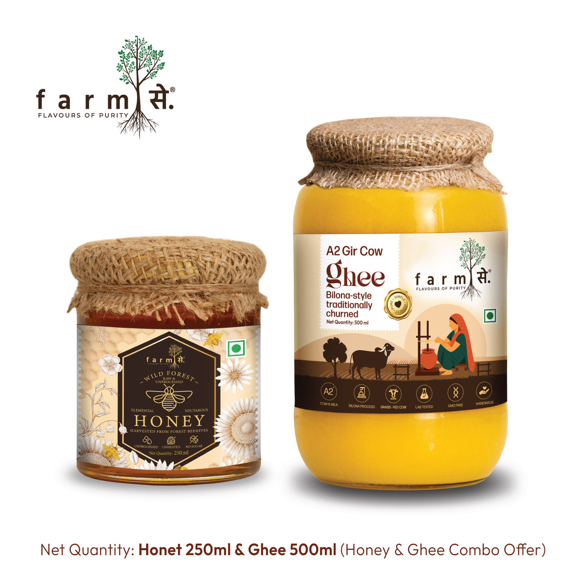FarmSe A2 Gir Cow Ghee 150ml | Bilona Method & Wild Forest Honey 250ml  Combo